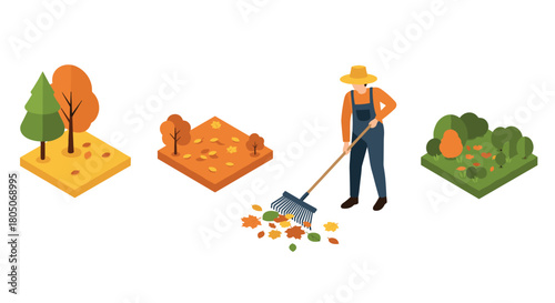 Isometric autumn landscape with gardener raking leaves