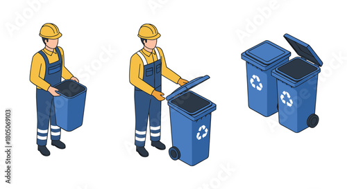 Isometric worker with recycling bins: eco-friendly waste management concept