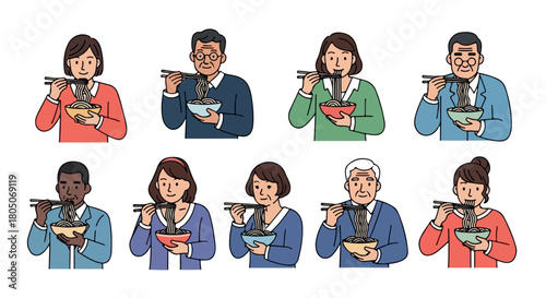 Diverse people eating noodles with chopsticks