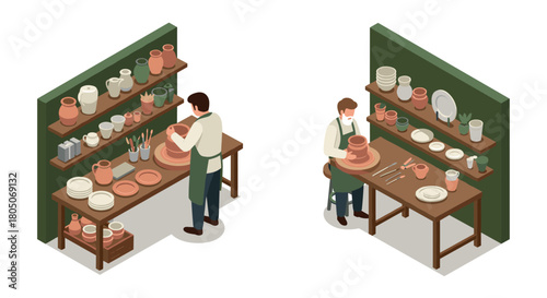 Isometric pottery workshop scene with craftsman creating handmade ceramics