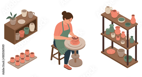 Isometric pottery workshop scene with potter and ceramic vases on shelves