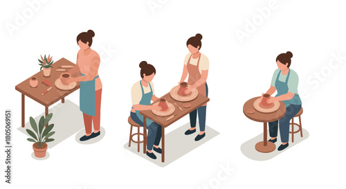 Isometric pottery making: artisans crafting clay on pottery wheels with plants