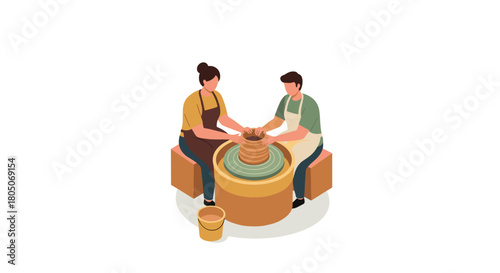 Pottery class illustration with potters crafting ceramic on wheel in flat design