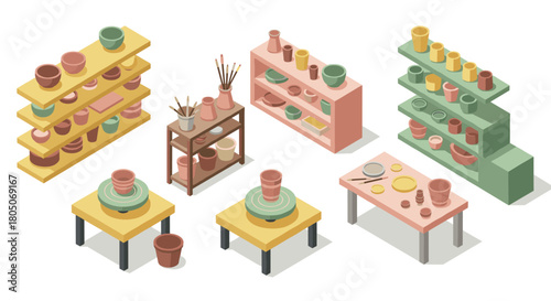 Isometric pottery studio with shelves and pottery wheels in soft pastel colors