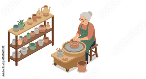 Elderly woman crafting pottery on a wheel in cozy workshop setting