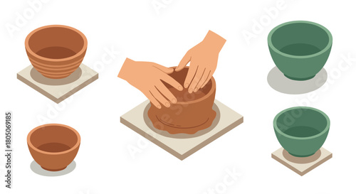 Crafting clay pots with hands on spinning wheel in isometric style