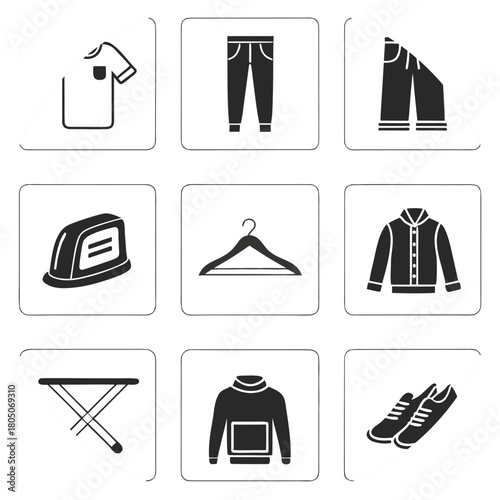 Nine Black And White Icons Of Clothing Items And Laundry Appliances fashion apparel