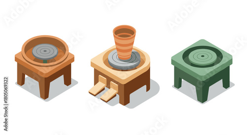 Isometric pottery wheel set with clay and wooden stools