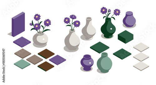 Isometric ceramic vases and modern tiles with purple floral accents
