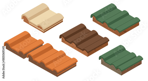 Isometric clay roof tiles in various colors and textures