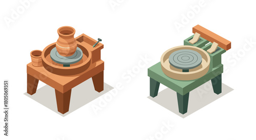 Isometric pottery wheel set with clay vase and tools on white background