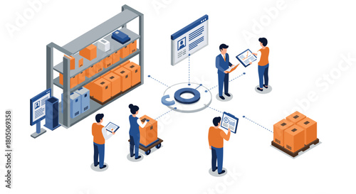 Isometric warehouse management and logistics team collaboration concept