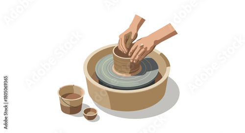 Crafting pottery on a wheel: hands in minimalist ceramic art style