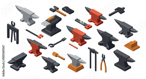Isometric blacksmith tools collection with anvils, hammers, and wrenches