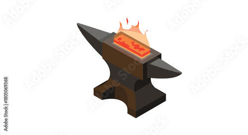 Isometric anvil with glowing metal rod and flames on white background