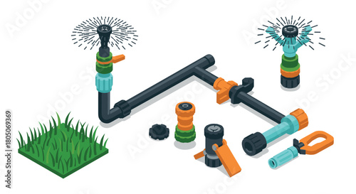 Isometric garden sprinkler kit with green lawn and watering tools