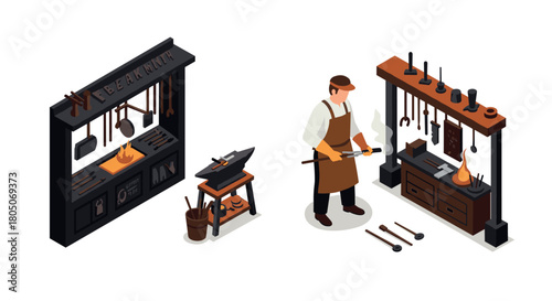 Blacksmith workshop with forge and tools in isometric design