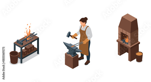 Isometric blacksmith workshop scene with anvil and forge
