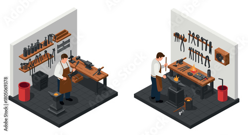 Isometric workshop scene with artisan and blacksmith tools in action