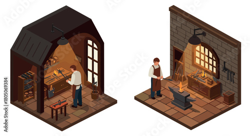 Artisan blacksmith in workshop crafting metal tools in isometric style