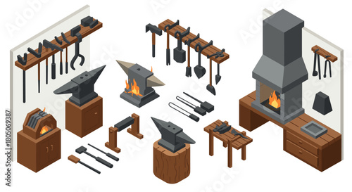 Isometric blacksmith workshop tools and forge set for crafting and design