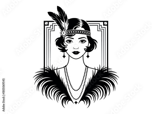 Flapper girl in black and white with feathers and beaded necklace art