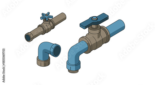 Isometric plumbing elements: pipes and valves for modern engineering design