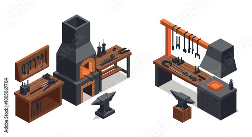 Blacksmith workshop with tools and forge in isometric design