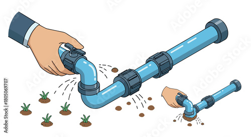Automatic irrigation system concept with hand adjusting pipe to water plants