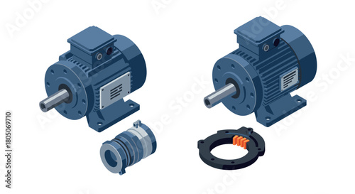 Industrial motor components in isometric view for engineering design