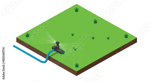 Isometric sprinkler system on a grass field with watering animation