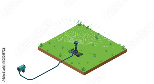 Isometric garden sprinkler system on grass plot for efficient lawn watering