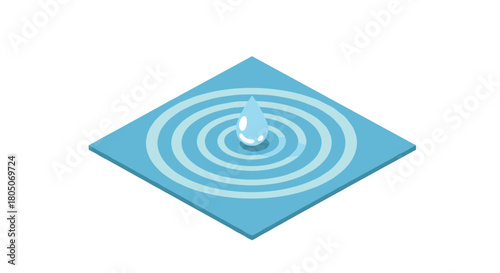 Isometric water droplet with ripple effect on blue square surface