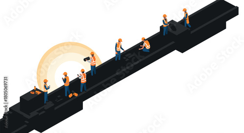 Isometric construction team working on infrastructure project at sunset