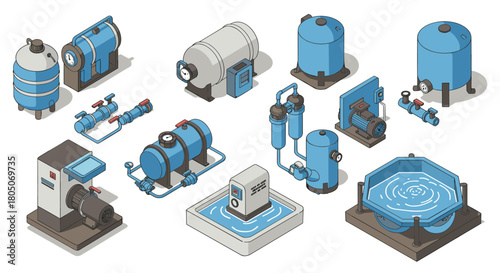 Isometric industrial water filtration equipment set in blue and gray tones