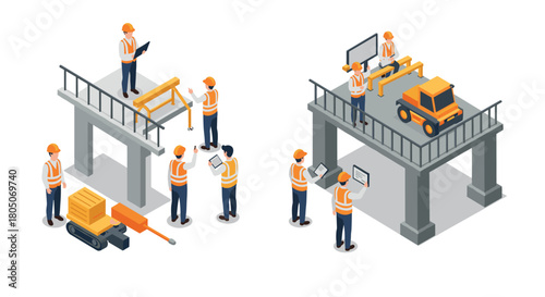 Isometric construction site with engineers and machinery on overpasses