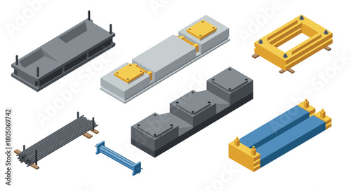 Isometric concrete and steel construction components for building projects
