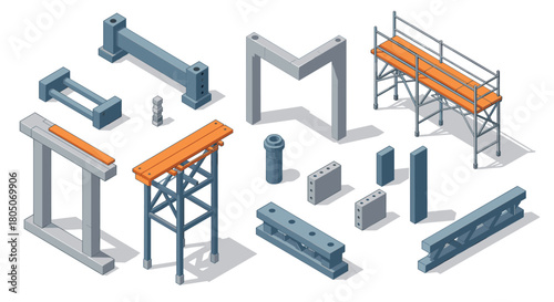 Isometric construction elements with structural steel and concrete beams in m…
