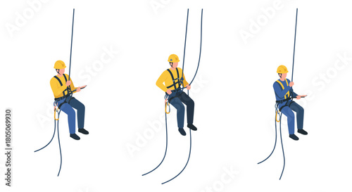Industrial worker in safety gear rope access positions on white background