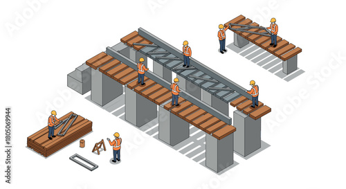 Construction workers assembling steel beams in isometric design
