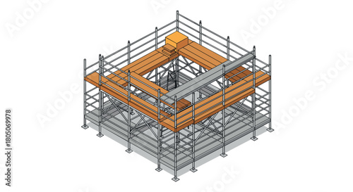 Isometric construction site scaffolding with steel framework and wooden beams