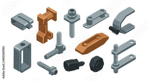 Isometric industrial fasteners set in 3d metallic design with screws and bolts