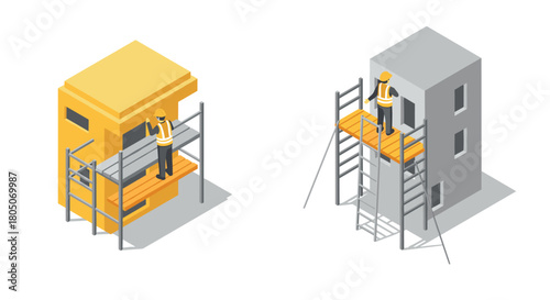 Isometric construction workers on scaffolding with safety gear