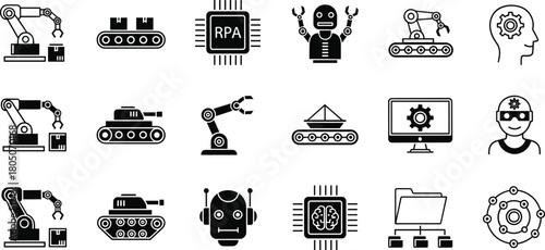 Robotic process automation icons, industrial factory arm, manufacturing robot symbols, rpa technology vector, smart conveyor belt machine set.