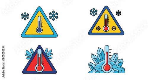 Warning signs depicting cold temperatures and freezing conditions with thermometers