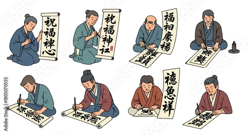 Calligraphy artists working with scrolls and ink