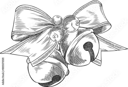 Black and white sketch of Christmas bells with a bow, vintage hand engraving style.