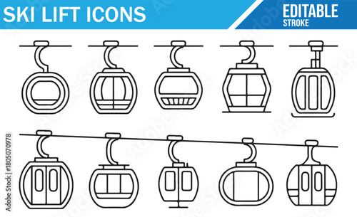 Ski lift equipment and aerial transport vector symbol collection