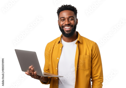 Smiling african american man holding a modern silver laptop computer with a white t shirt and orange shirt isolated on transparent background
