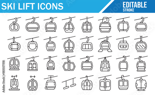 Winter resort mobility icons including gondolas, aerial cars, and lifts